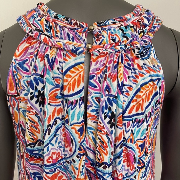 Cupio Dress L Colorful White Leaf Print Viscose High Neck Summer Knee Length - Picture 4 of 9